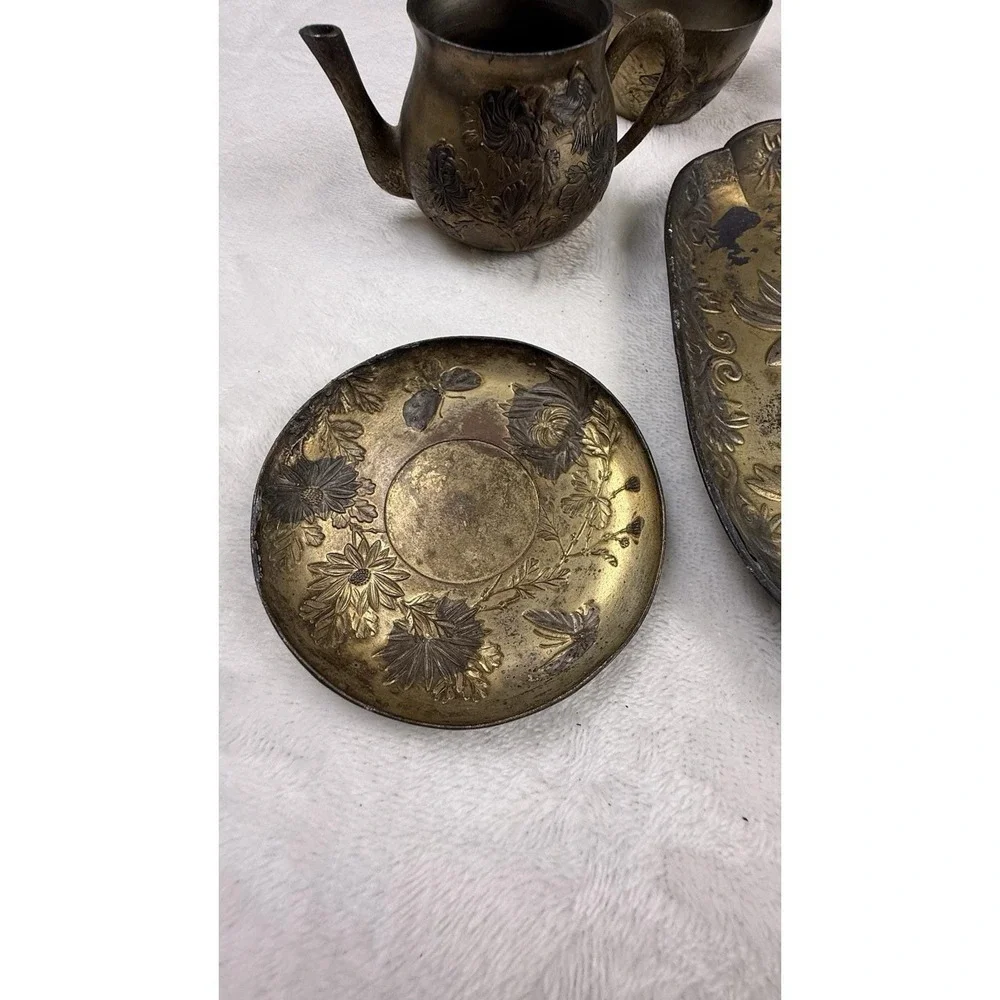 Vintage Japanese Brass Mini Tea Set Tray Teapot Cups Etched Floral Decor